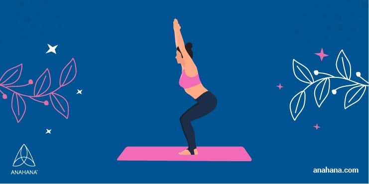 Illustration av en kvinna som gör en stolsställning (Utkatasana).