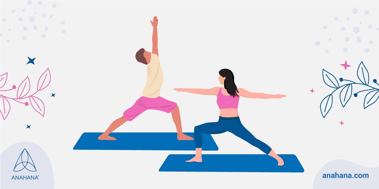 illustrazione di un uomo e una donna che eseguono virahhadrasana I e II o posa del guerriero 1 e 2