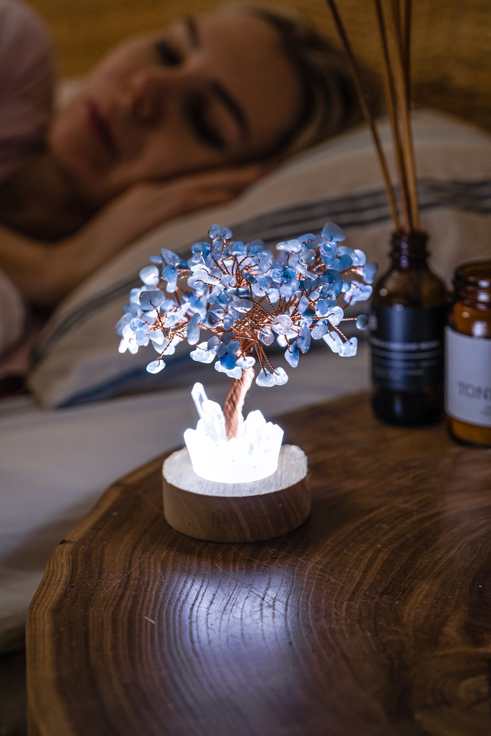 aquamarine lamp lighting up the room
