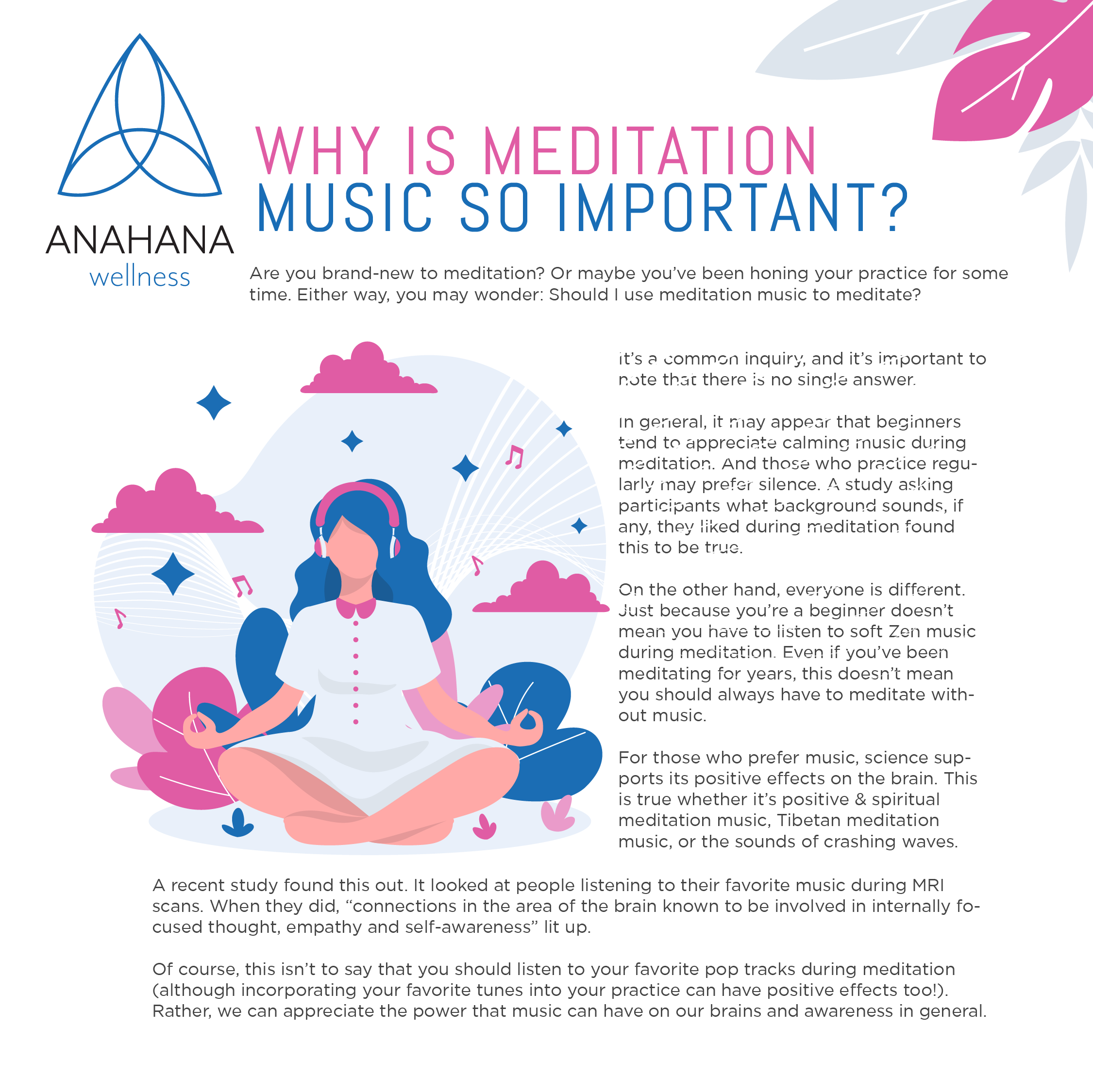 Lady sitting in a meditation pose listening to meditation music