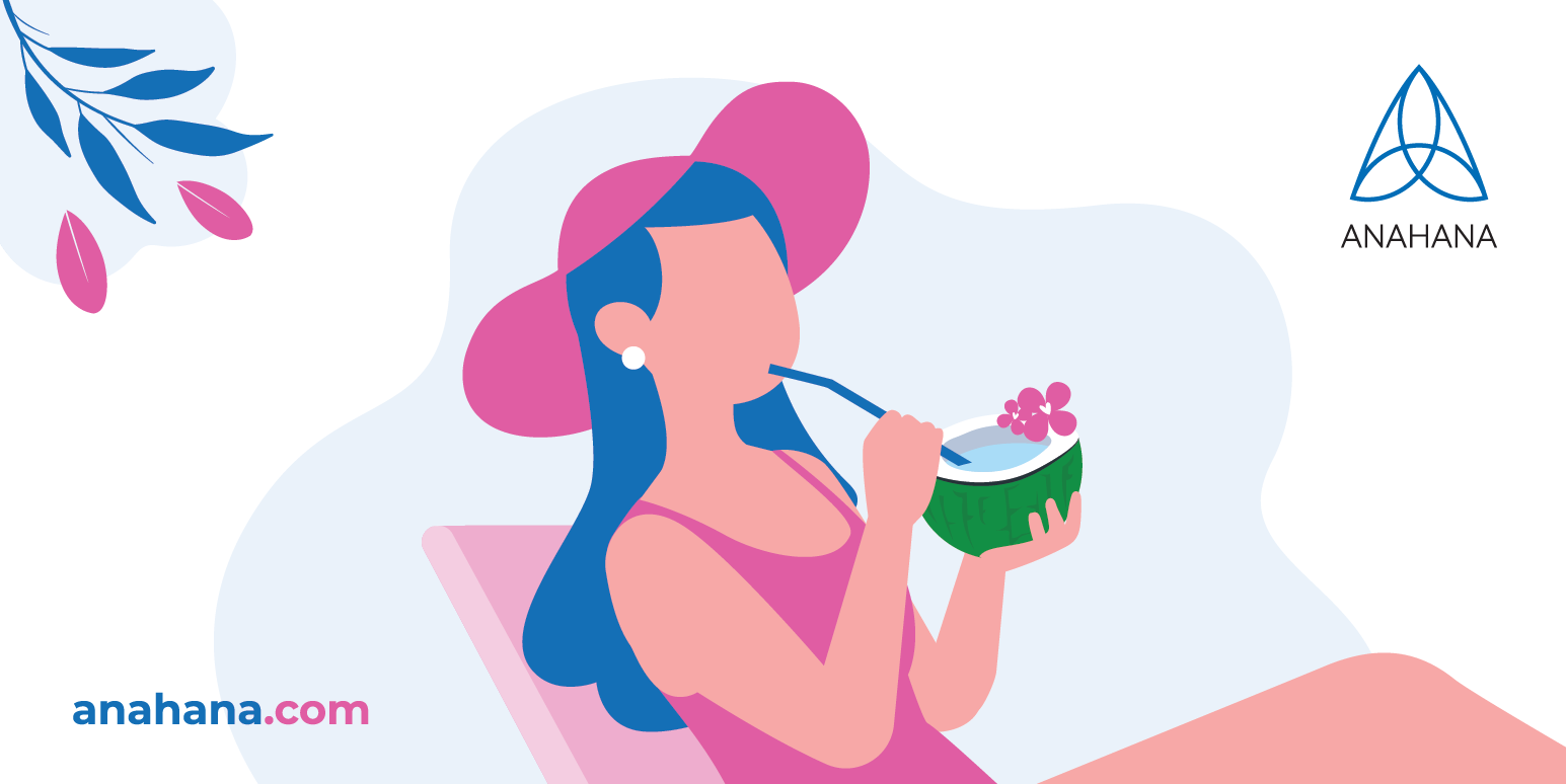 illustration of a woman drinking coconut water