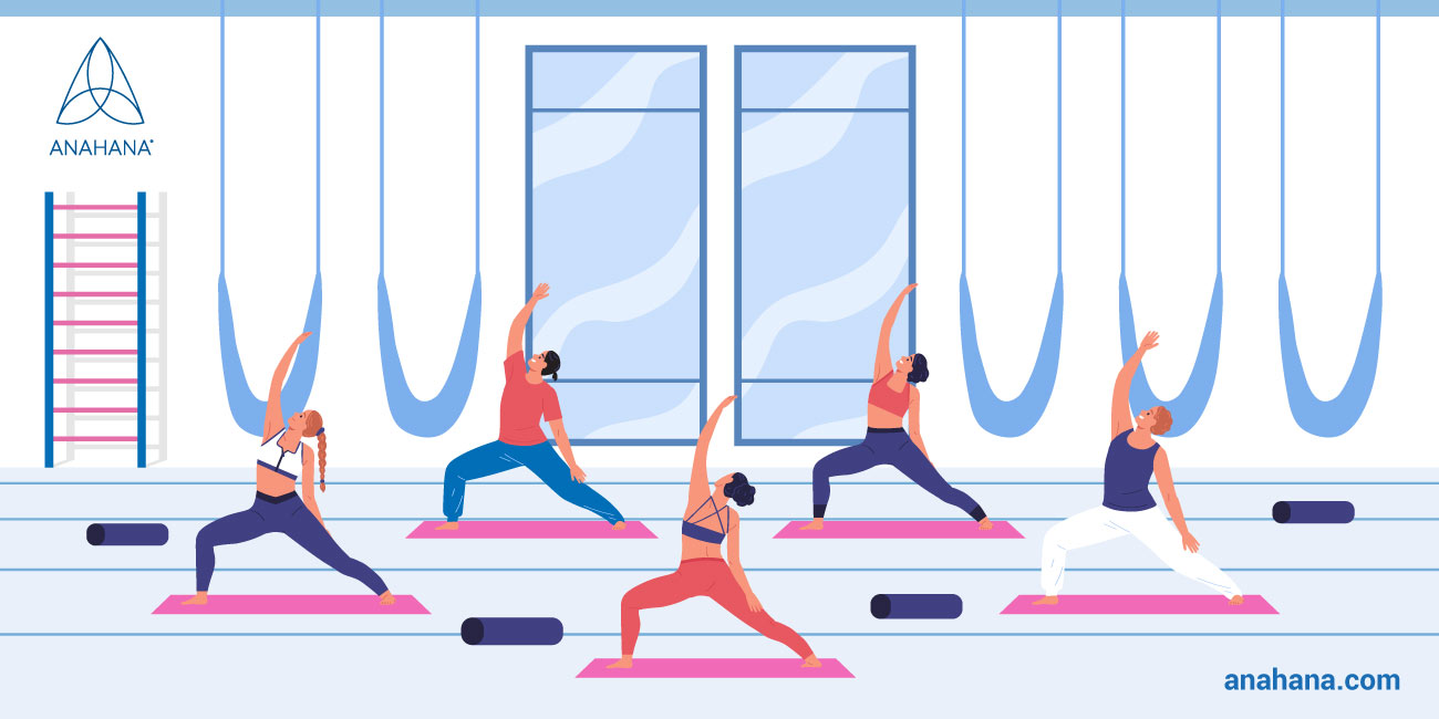 illustration av en grupp som gör iyengar yoga