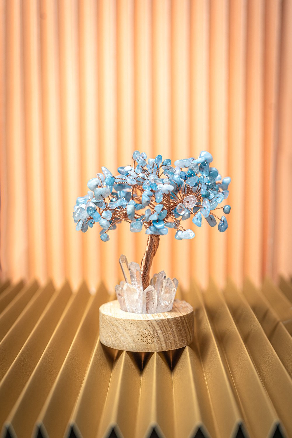 tree and lamp in one, made out of aquamarine crystals