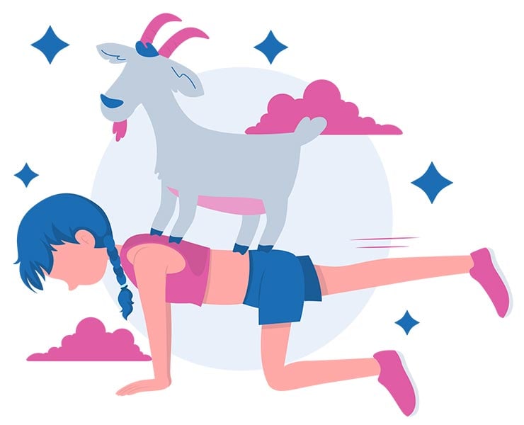 pige, der laver yoga med en ged på ryggen