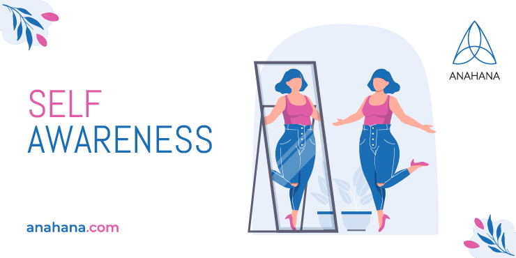 woman looking at her self in the mirror, trying to be self aware