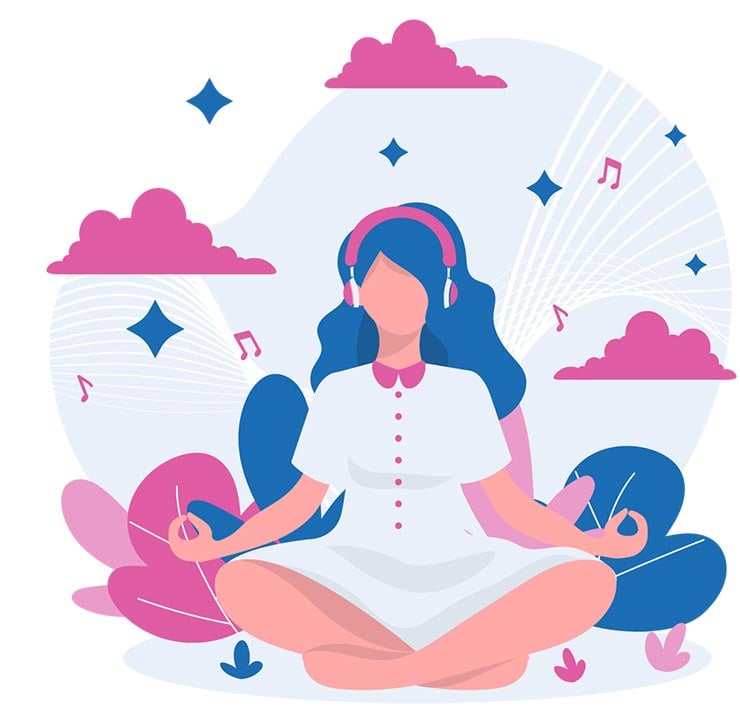 vrouw die naar muziek luistert tijdens het mediteren