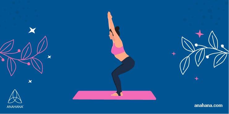 illustration of a woman doing chair pose (Utkatasana)