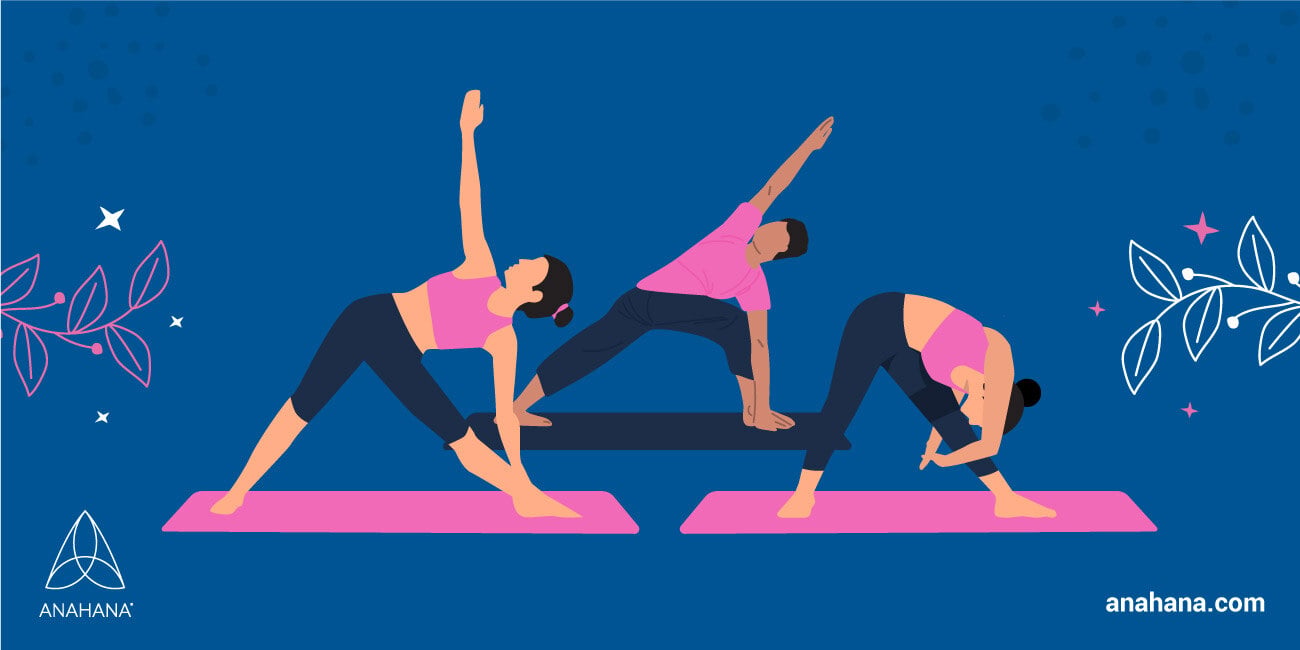 illustration of parivrtta trikonasana, revolved triangle pose
