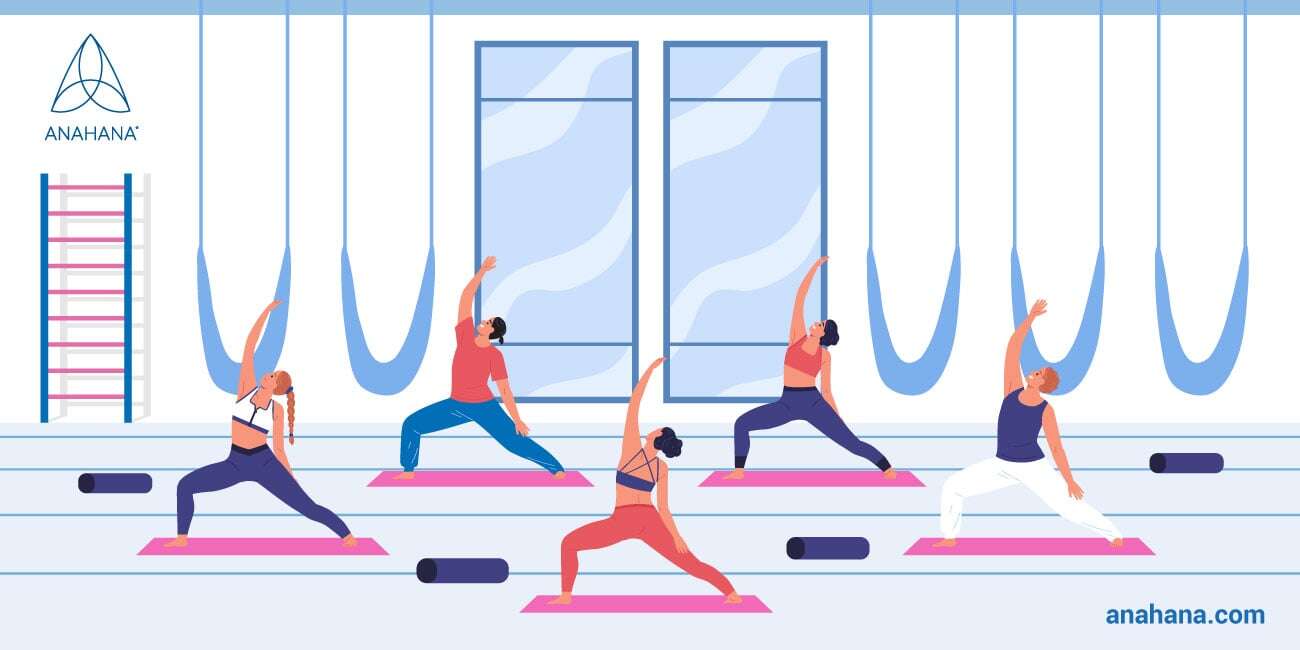illustration of a group doing iyengar yoga
